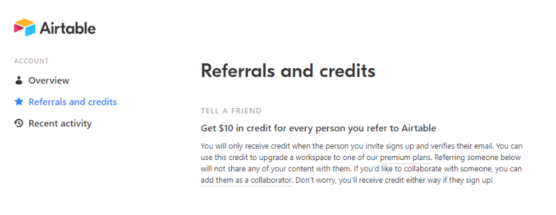 Screenshot of Airtable referrals and credits page